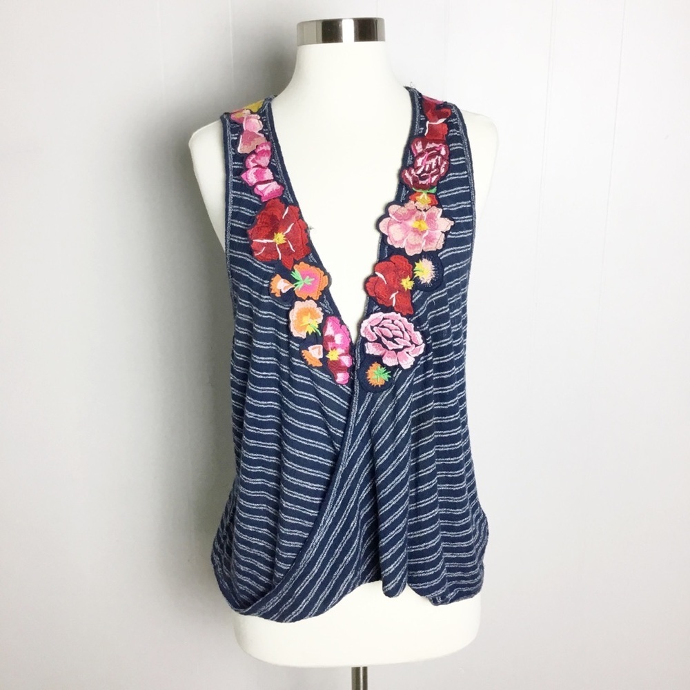 Free People Stripped Floral Embroidered Tank Top Size S
